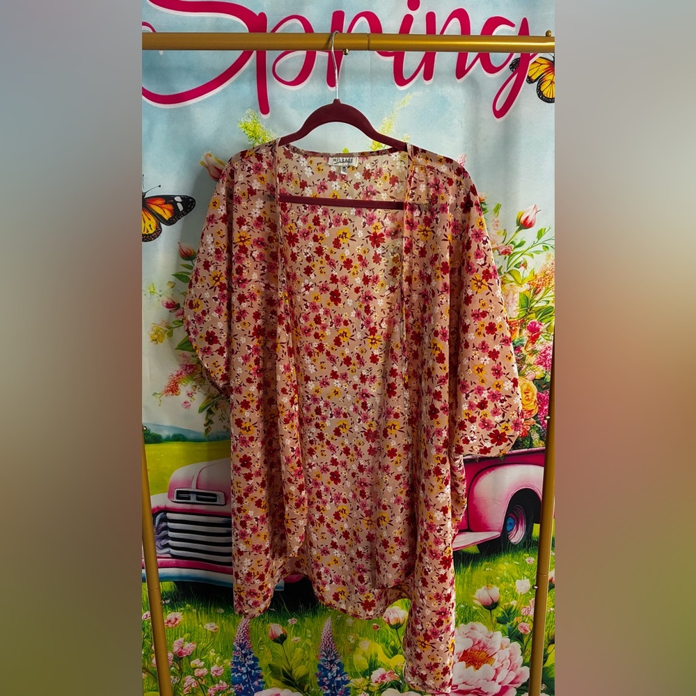 Floral Open Front Kimono - Pink Multi